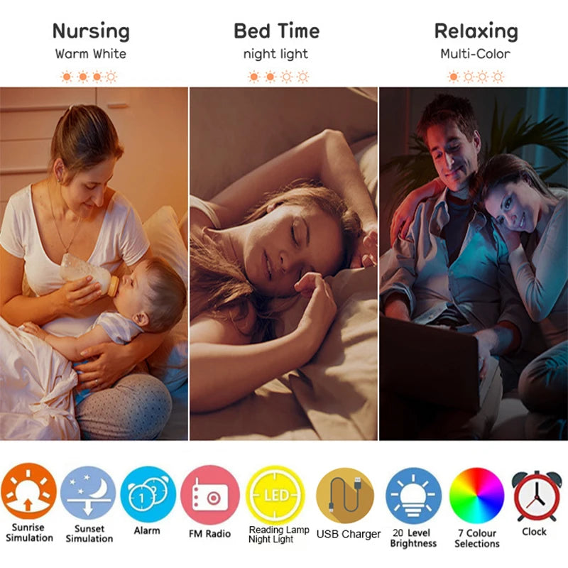 Sunrise Alarm Clock Wake up Light Clock Sunrise/Sunset Simulation Digital Clock with Night Light FM Radio Desk Clocks
